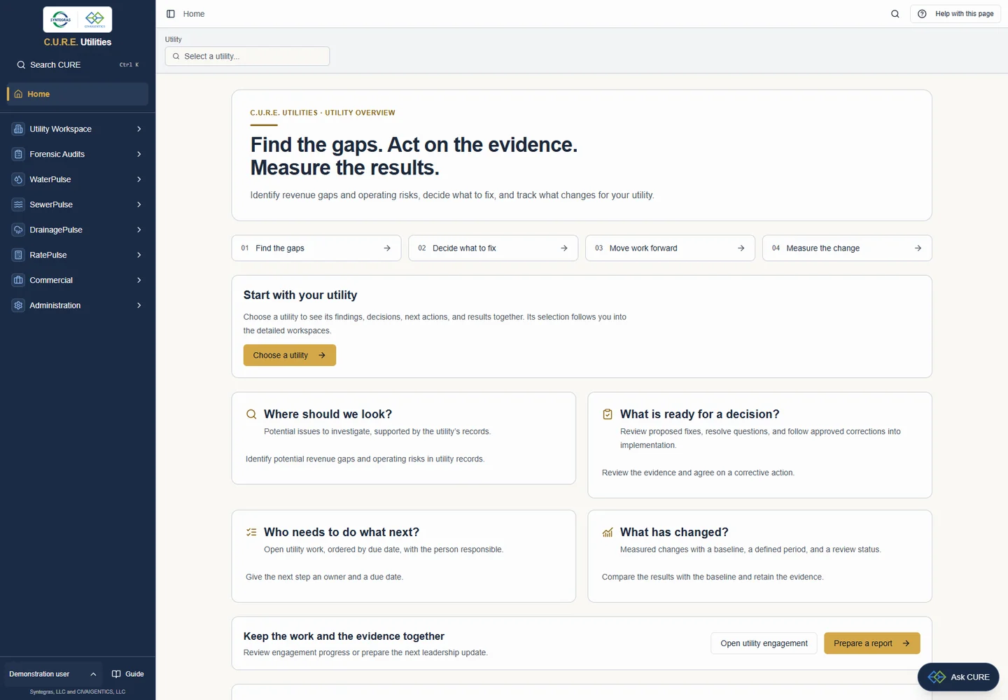CURE's application home. A sidebar lists the utility workspace, forensic audits and the four Pulse modules; the page steps from finding gaps to measuring the change, starting with a shared utility selection.