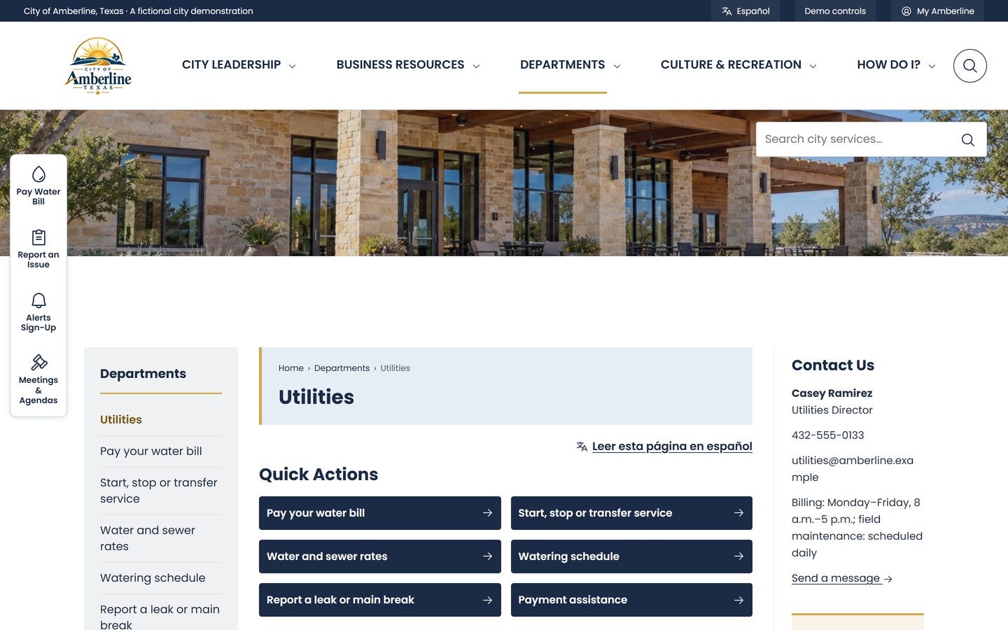 The Utilities department page of the fictional Amberline website, with quick actions for paying a bill, starting service, rates, and reporting a leak.