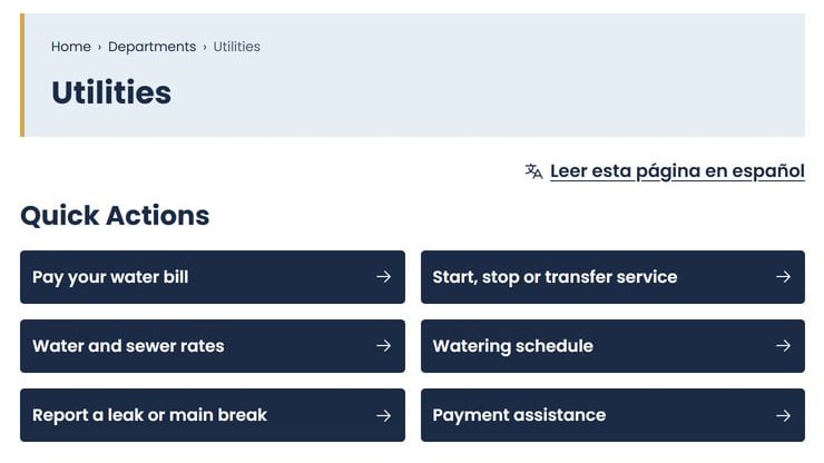 The Utilities department page of the fictional Amberline website, with quick actions for paying a bill, starting service, rates, and reporting a leak.