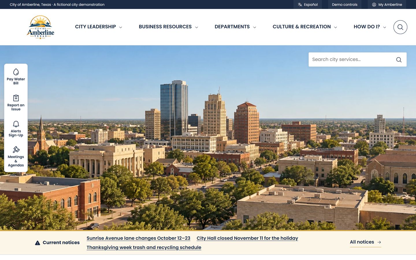 The homepage of the fictional City of Amberline website, with navigation for departments, services, and city leadership.