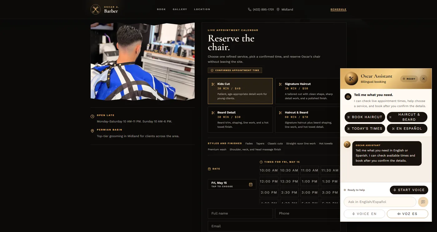Screenshot of the Oscar A. Barber live website AI booking assistant