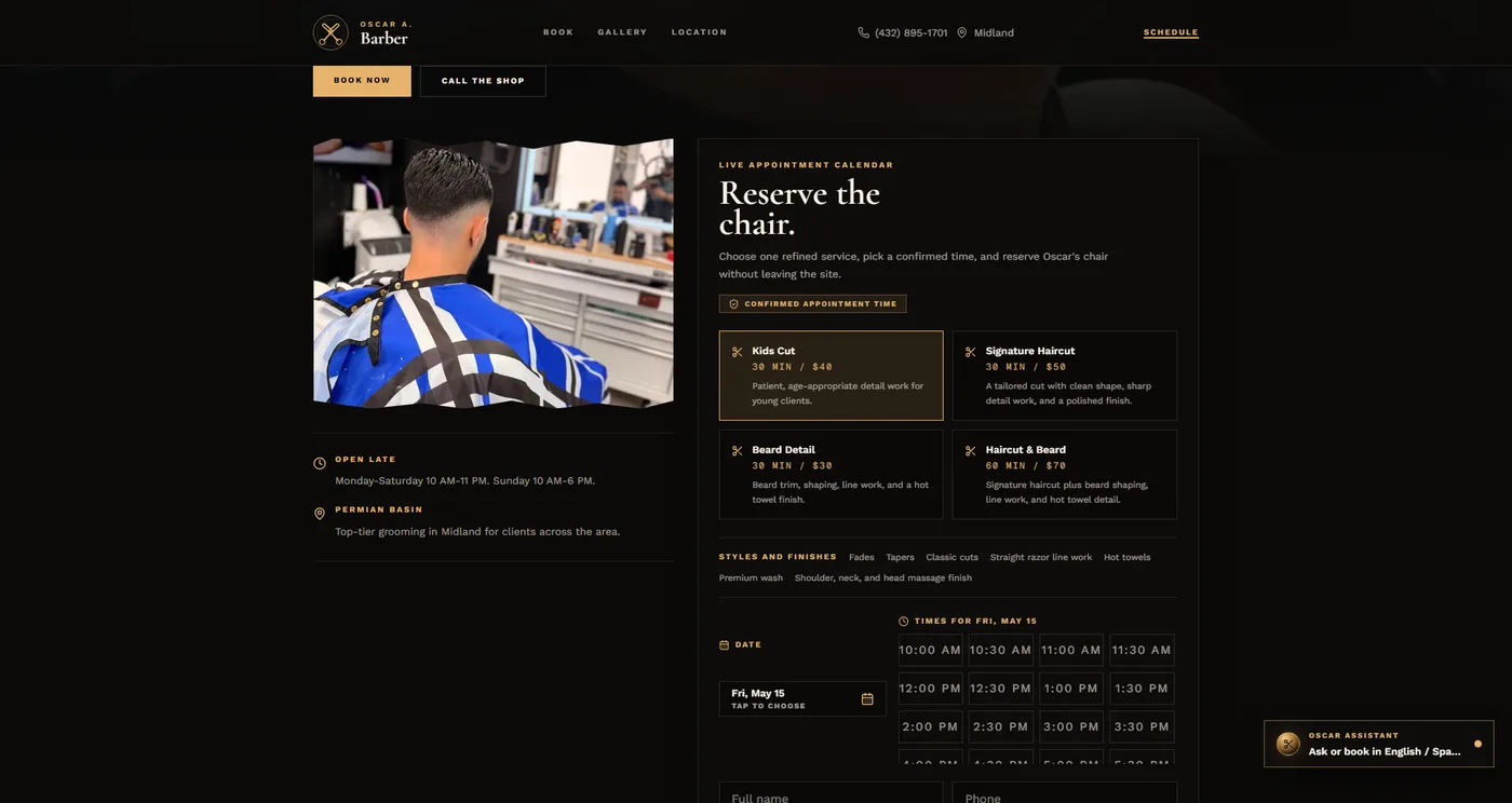 Screenshot of the Oscar A. Barber live website booking section