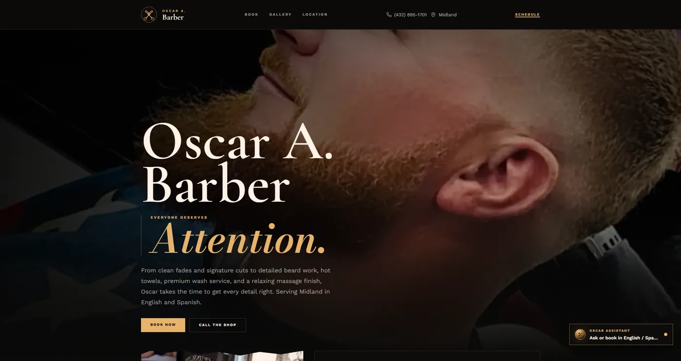 Screenshot of the Oscar A. Barber live website hero section